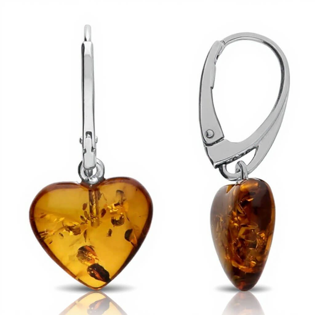 Gorgeous Sterling Silver and Cognac Amber Heart Lever-Back Earrings
