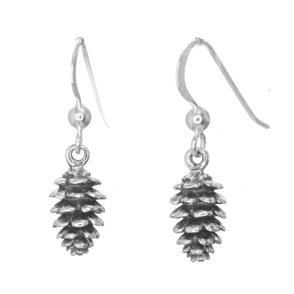 Sterling Silver Rustic Pinecone Drop Earrings (20mm x 7mm) (E571)