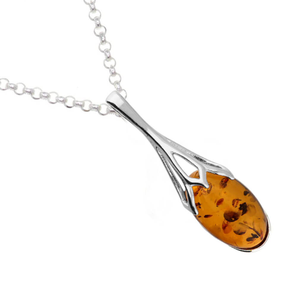 Beautiful Sterling Silver Elongated Cognac Amber Pendant