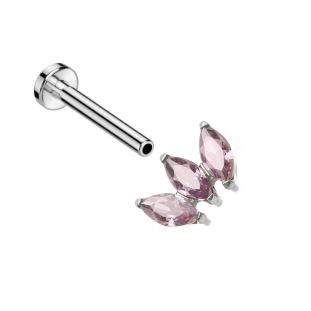 Purple Crystal Triple Marquise Fan On Internally Threaded Labret