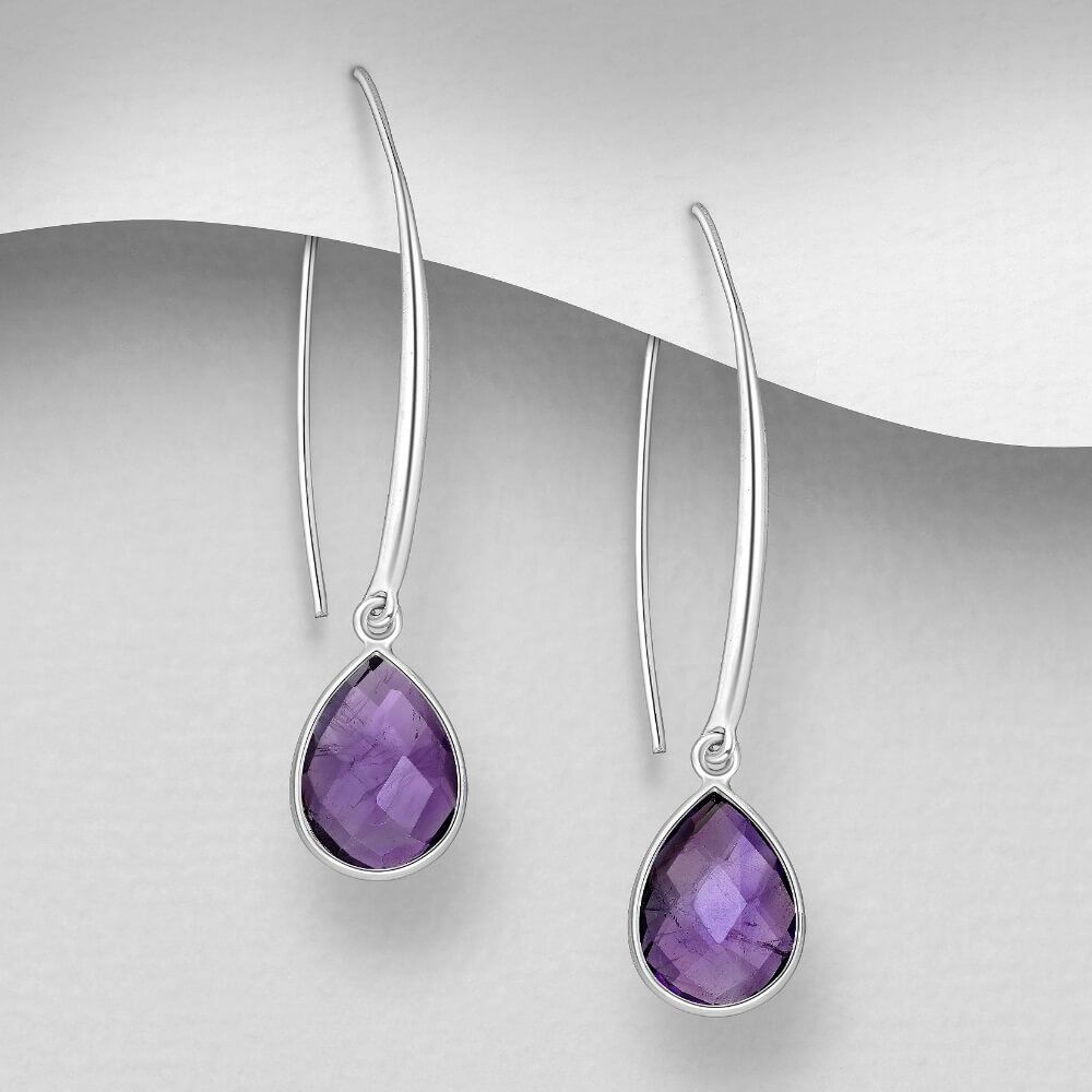 Sterling Silver Long Hooked Earrings with Amethyst Teadrops
