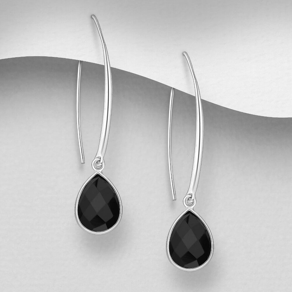 Sterling Silver Long Hooked Earrings with Black Spinel Teadrops