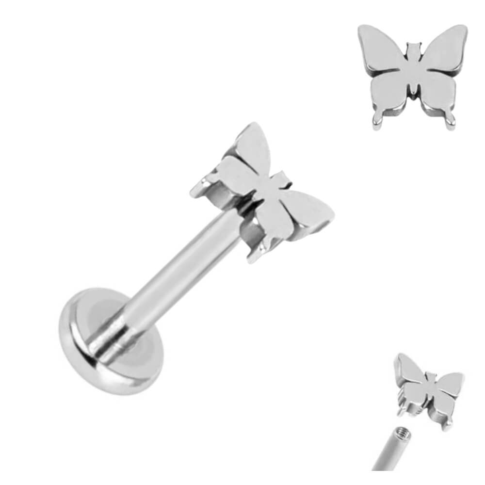 Titanium Internally Threaded Labret With Tiny Surgical Steel Butterfly Attachment