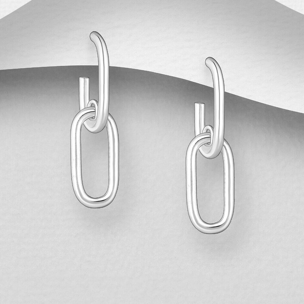 Elegant Sterling Silver 'Paperclip' Style Linked Earrings (8mm x 29mm) (E267)