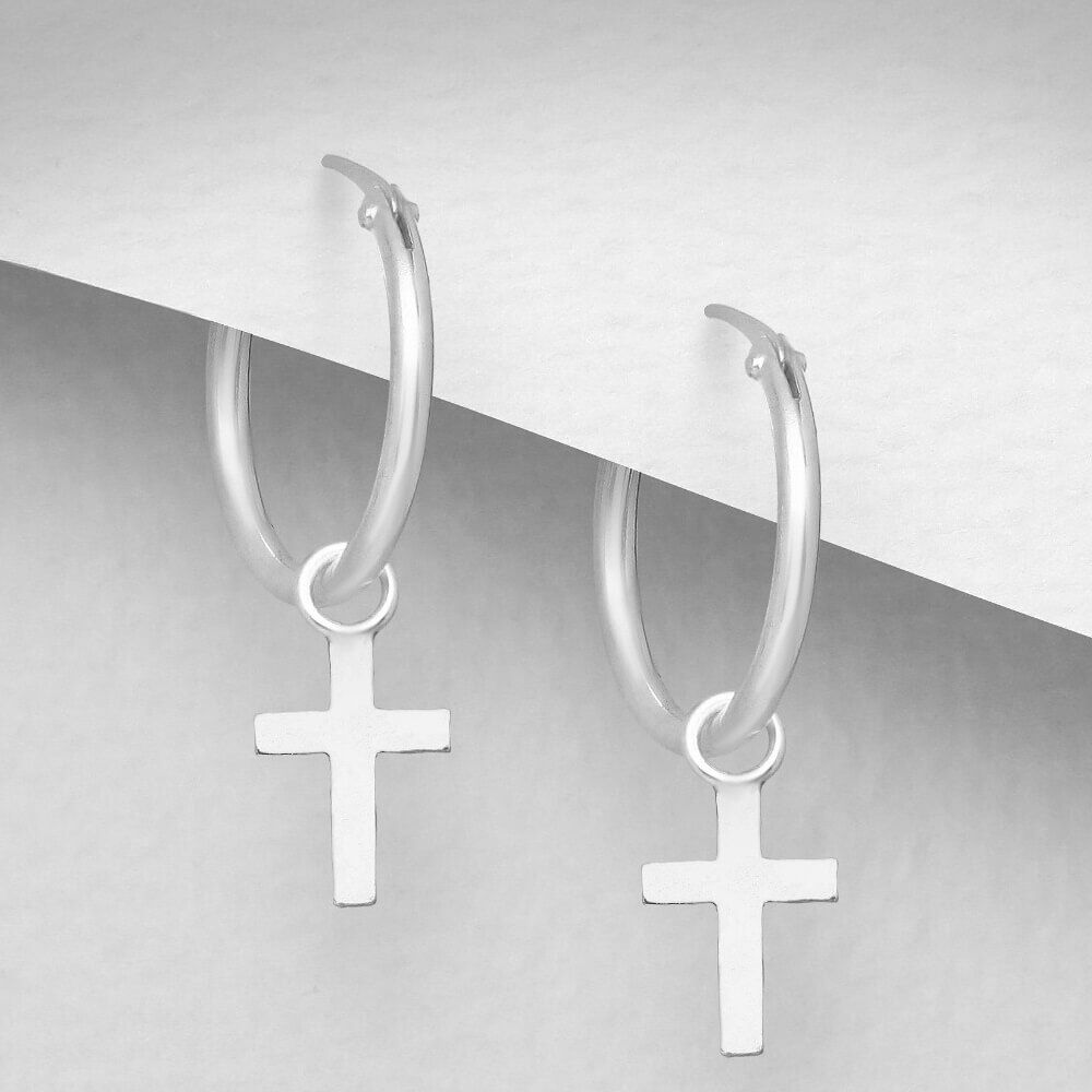 Minimalist Sterling Silver Hoop Earrings with Small Dangly Cross Charms (12mm x 20mm) (E539)