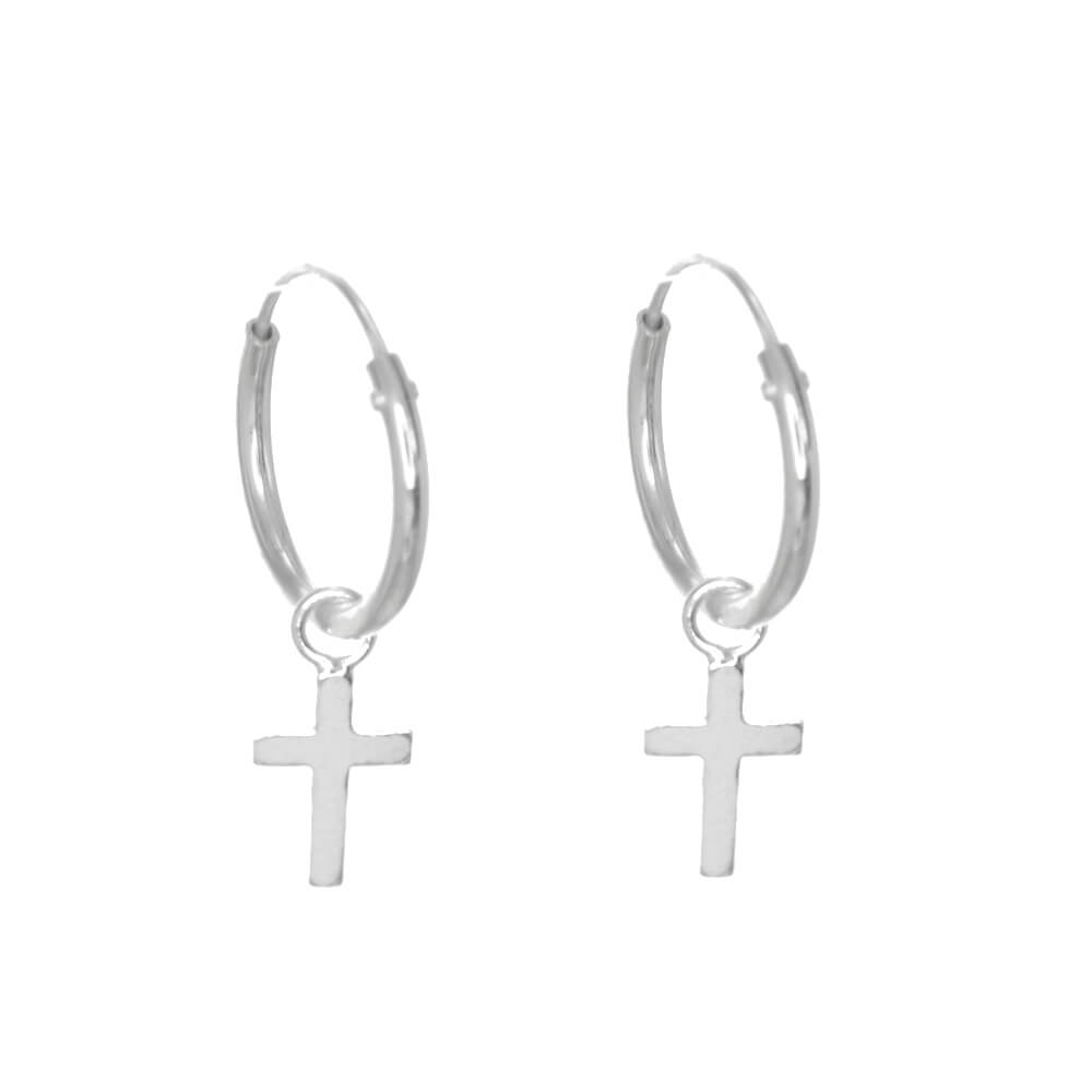 Minimalist Sterling Silver Hoop Earrings with Small Dangly Cross Charms (12mm x 20mm) (E539)