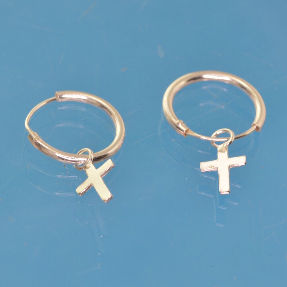 Minimalist Sterling Silver Hoop Earrings with Small Dangly Cross Charms (12mm x 20mm) (E539)