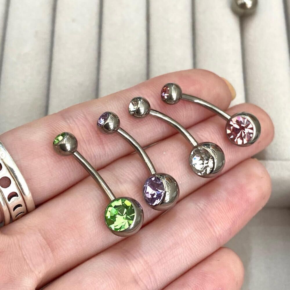 Titanium Double Jewelled Belly Bar with Pink Gems (1.6mm x 10/12/14mm) (C204)-96585