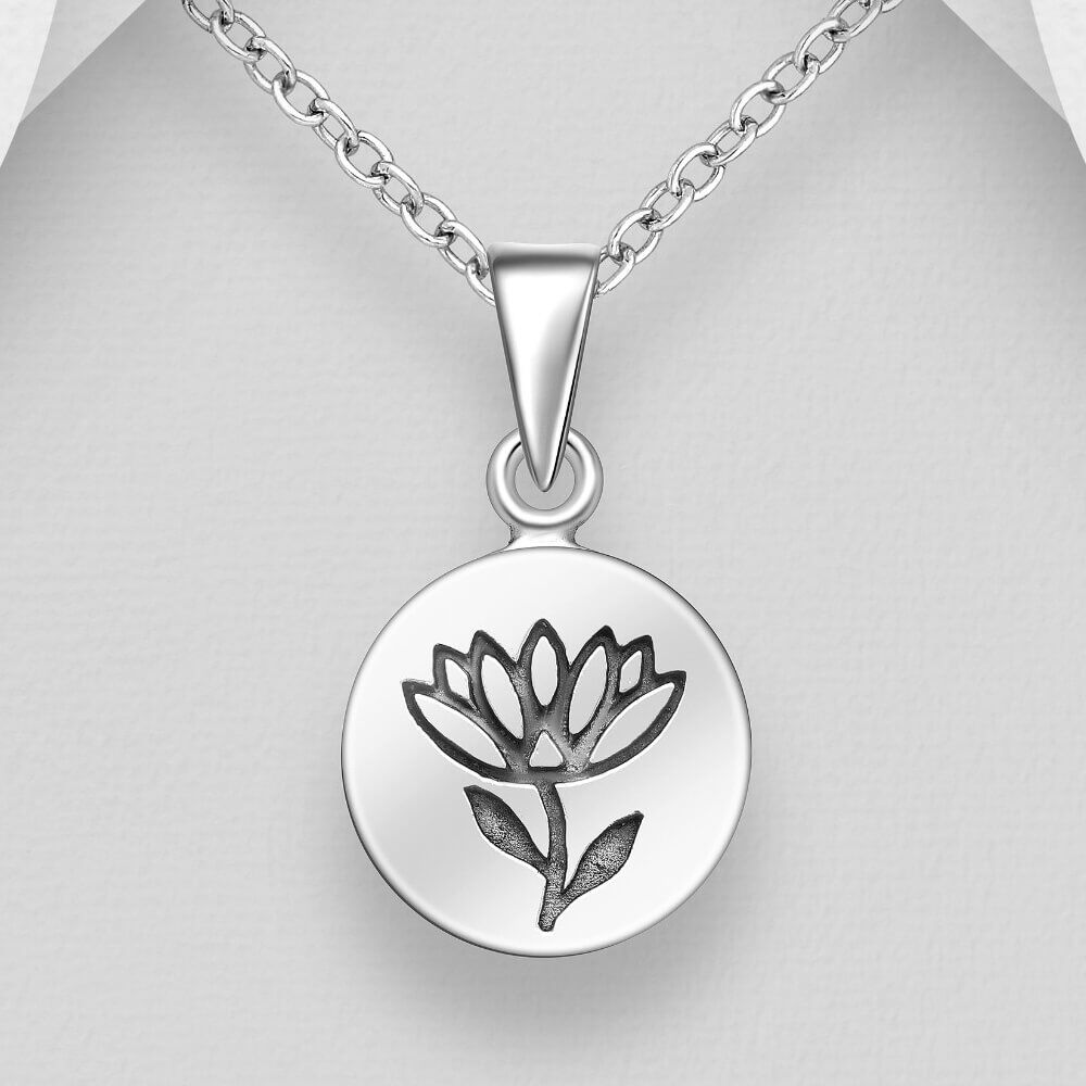 Cute Sterling Silver Disc Pendant with Stylised Chrysanthemum Design