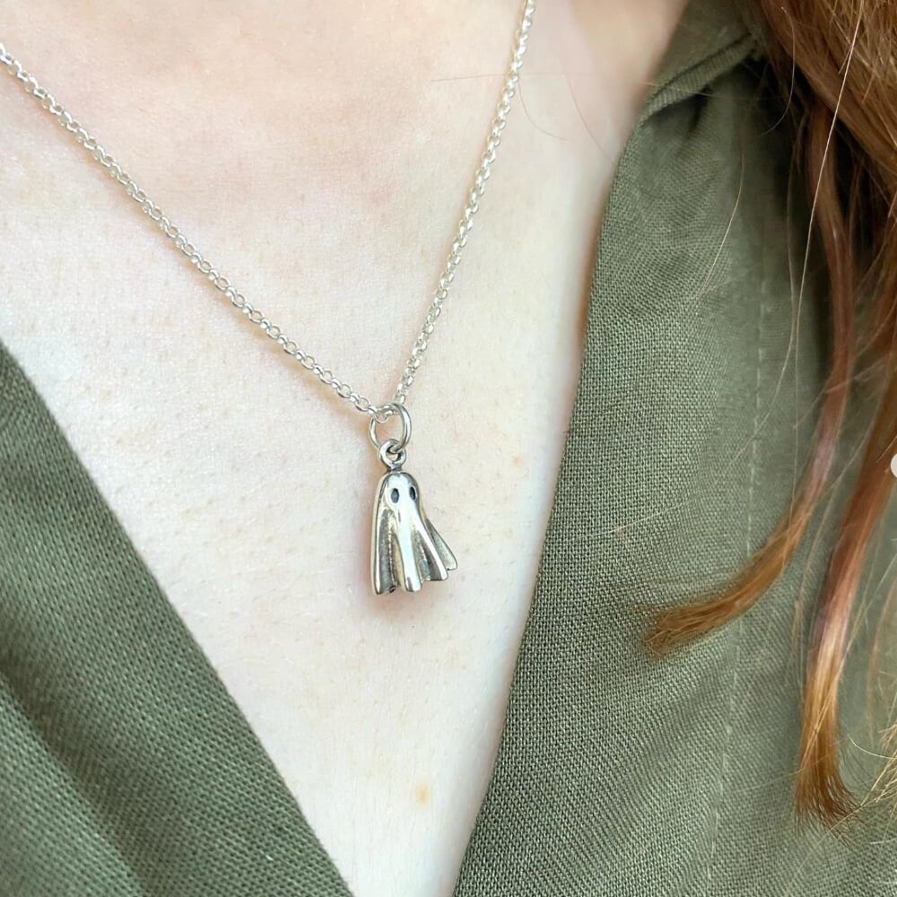 Adorable 3D Sterling Silver Spooky Ghost Pendant (8mm x 17mm) (N304)