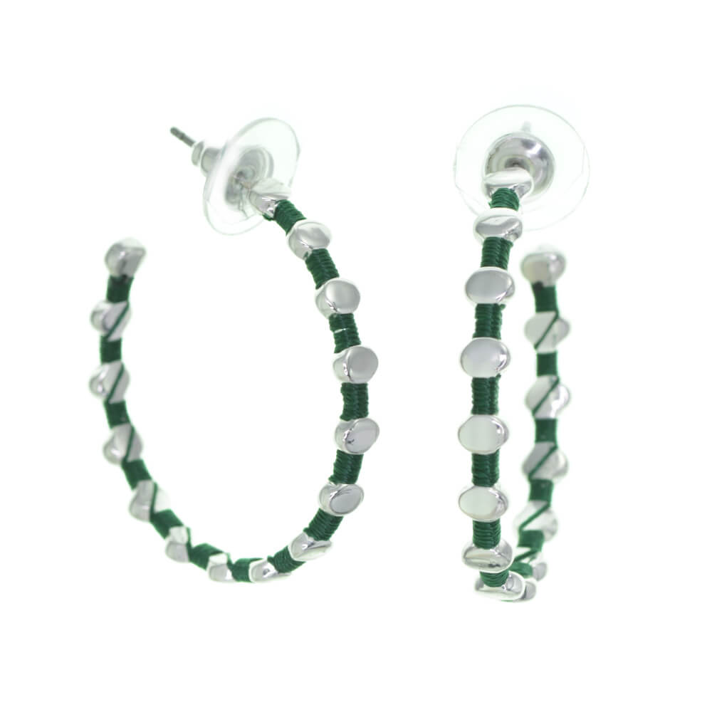 -Shape Hoop Earrings with Silver Bobbles and Dark Green Wrap Around Threads (3.5cm) (M71)F)