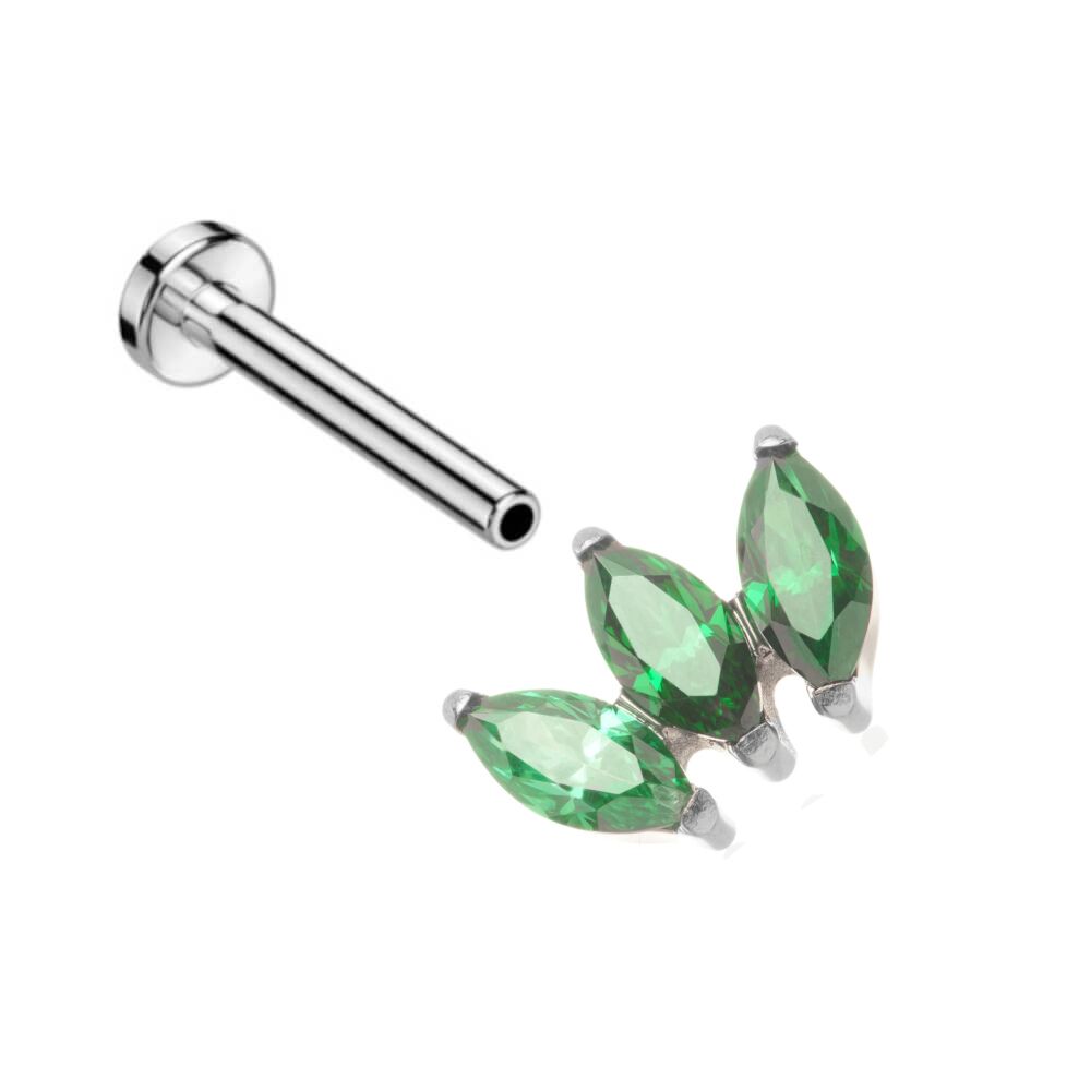 Green Crystal Triple Marquise Fan On Internally Threaded Labret