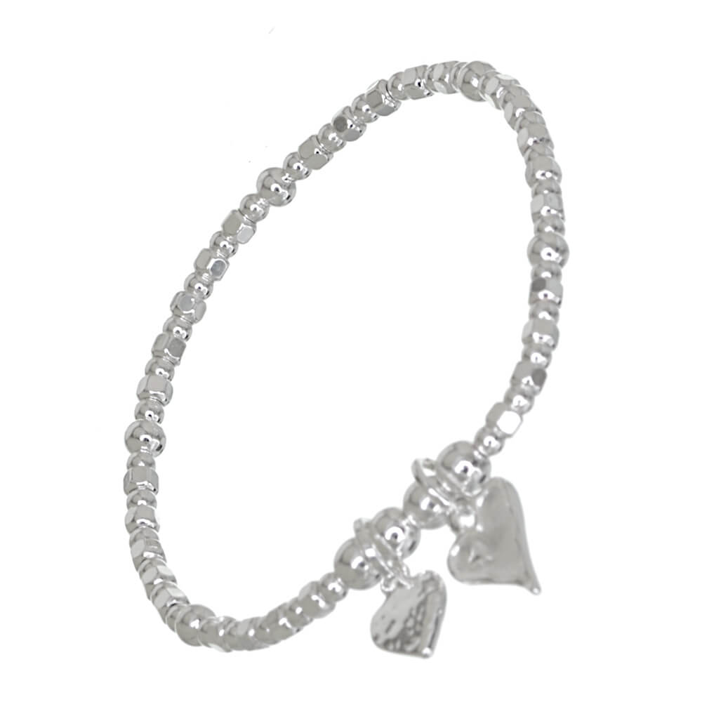 Silver Tone Beaded Stretch Bracelet with Hammered Heart Charms
