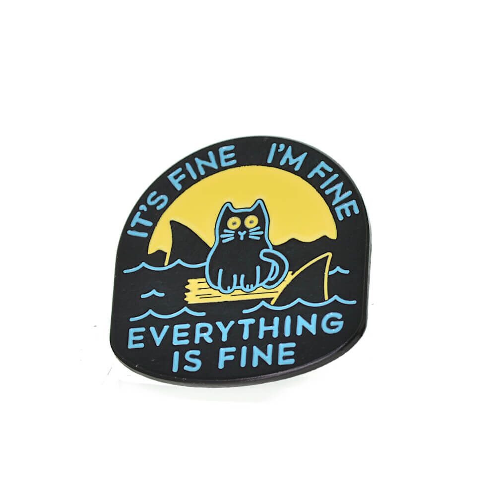 It's Fine, I'm Fine, Everything Is Fine' Cat Ignoring Sharks Design Pin Brooch