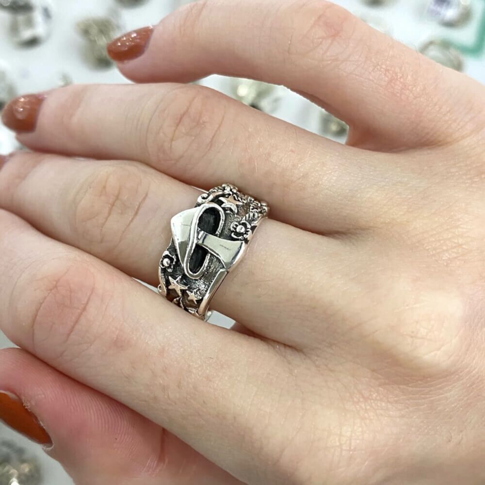 Magical Sterling Silver Ring with Oxidised Mushroom, Flowers and Stars Design (SR212)