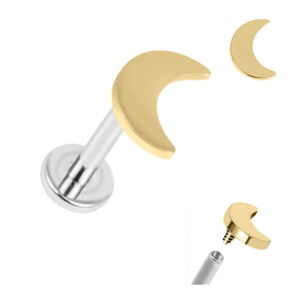 Titanium Internally Threaded Labret with Gold Plated Mini Crescent Moon (1.2mm x 5/6/7/8/9/10mm) (C51)G)