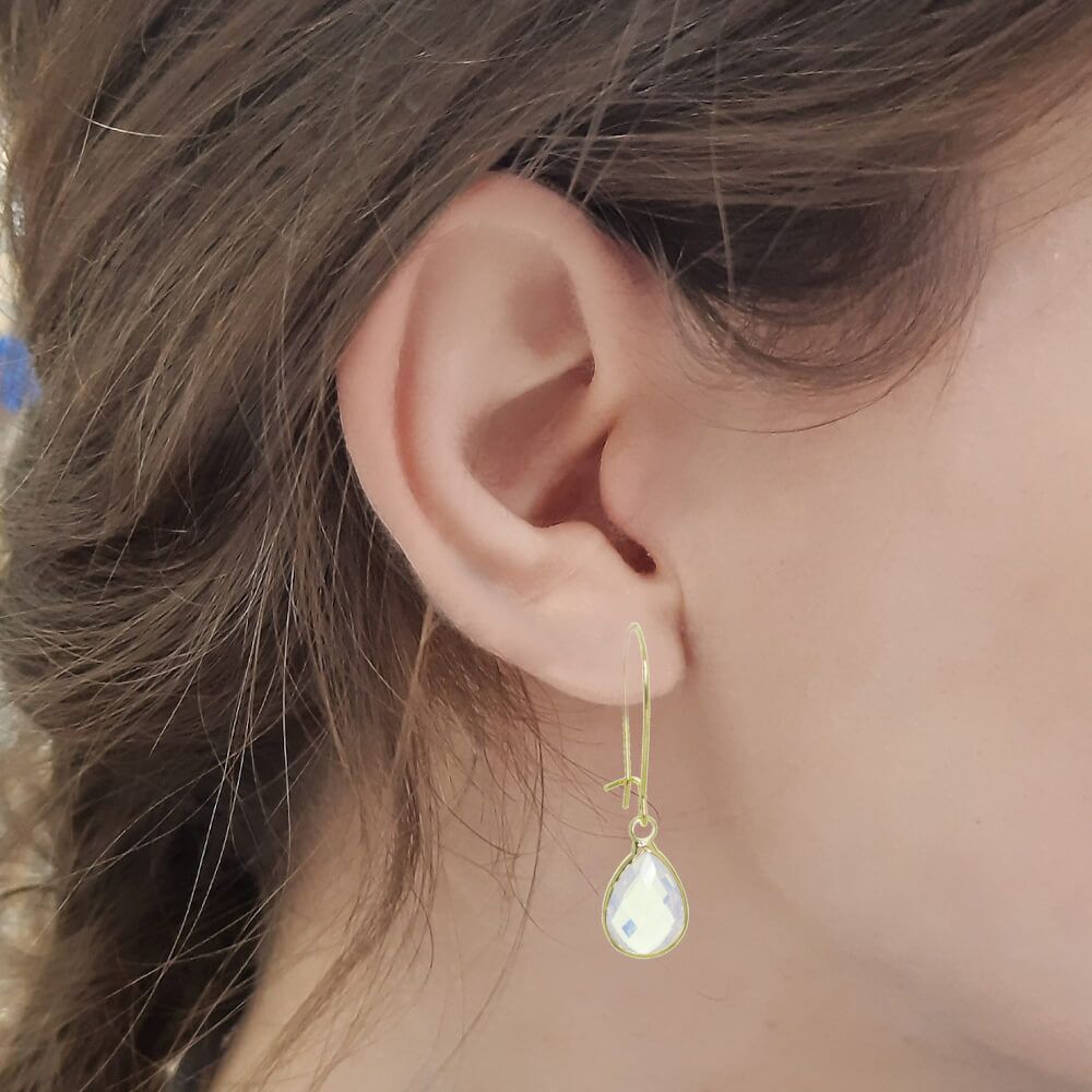 Long Gold Tone Hooked Earrings with Opalescent Crystal Teardrops (4cm x 1cm) (M540)D)