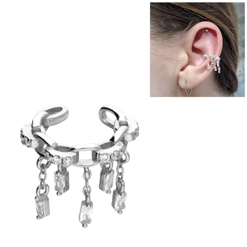 Sterling Silver Faux Conch Cuff with Dangly Crystals and Chains