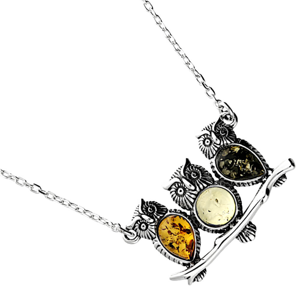 Sterling Silver and Mixed Amber Necklace with Owl Trio Design (N143)