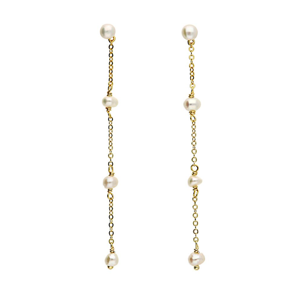 Long Gold-Plated Sterling Silver Stud Earrings with Chainlink and Freshwater Pearl Design (6cm Long) (E102)G)