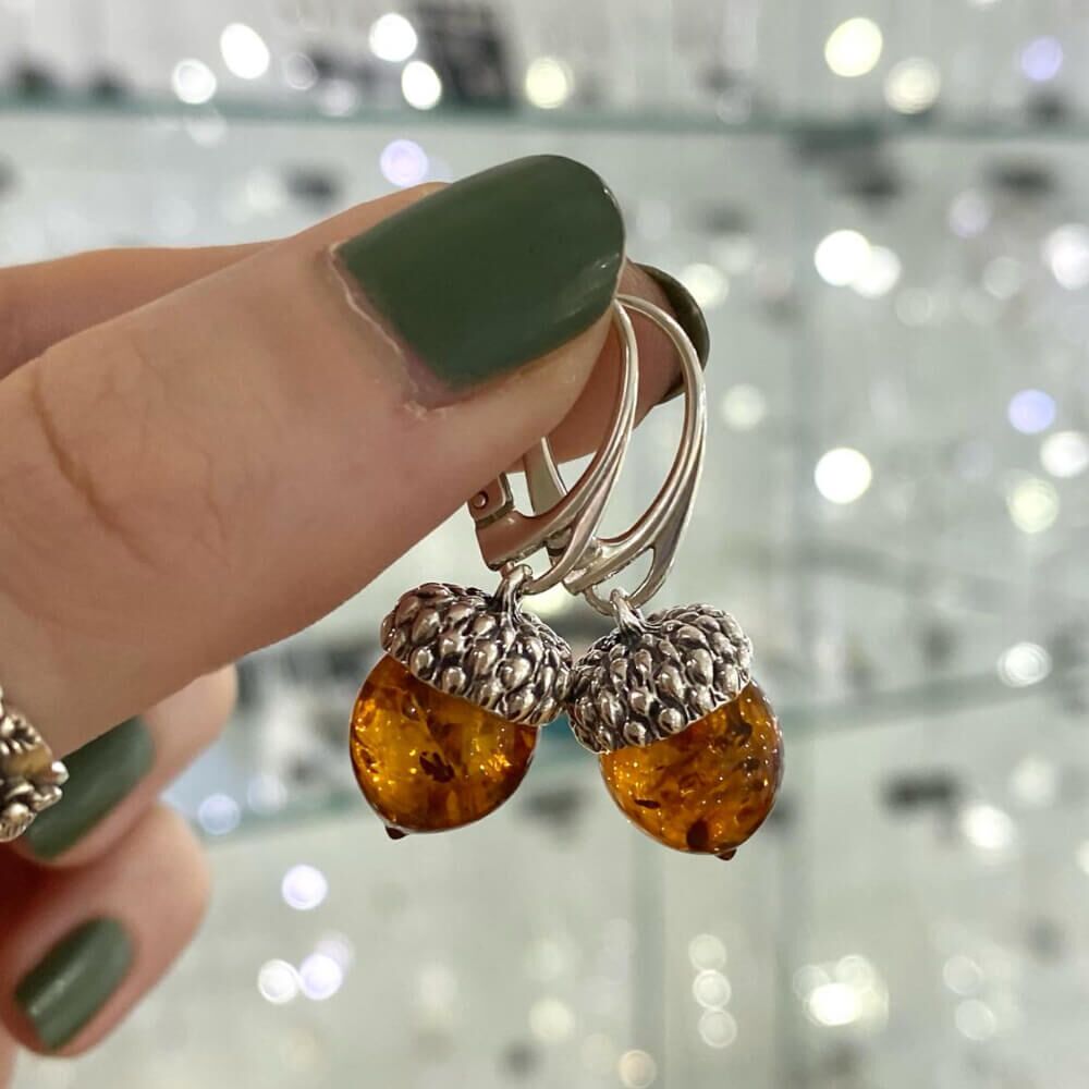 Gorgeous Sterling Silver and Cognac Amber Acorn Hoop Earrings with Lever-Arch Fastenings
