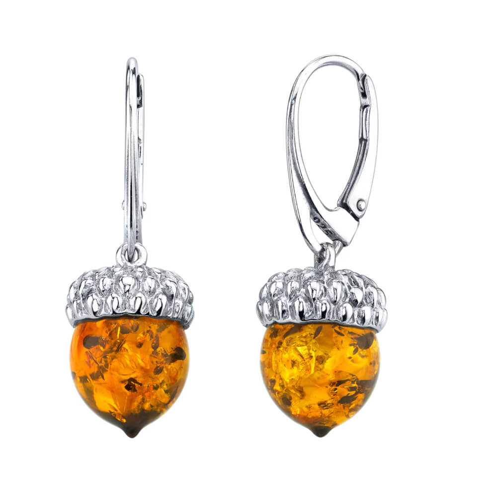 Gorgeous Sterling Silver and Cognac Amber Acorn Hoop Earrings with Lever-Arch Fastenings