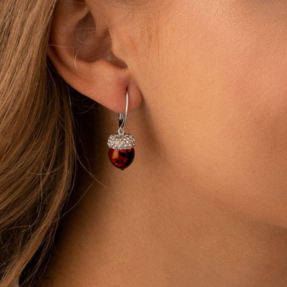Gorgeous Sterling Silver and Cognac Amber Acorn Hoop Earrings with Lever-Arch Fastenings