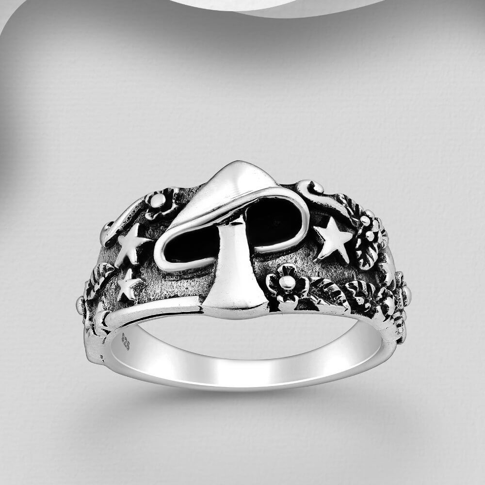 Magical Sterling Silver Ring with Oxidised Mushroom, Flowers and Stars Design (SR212)