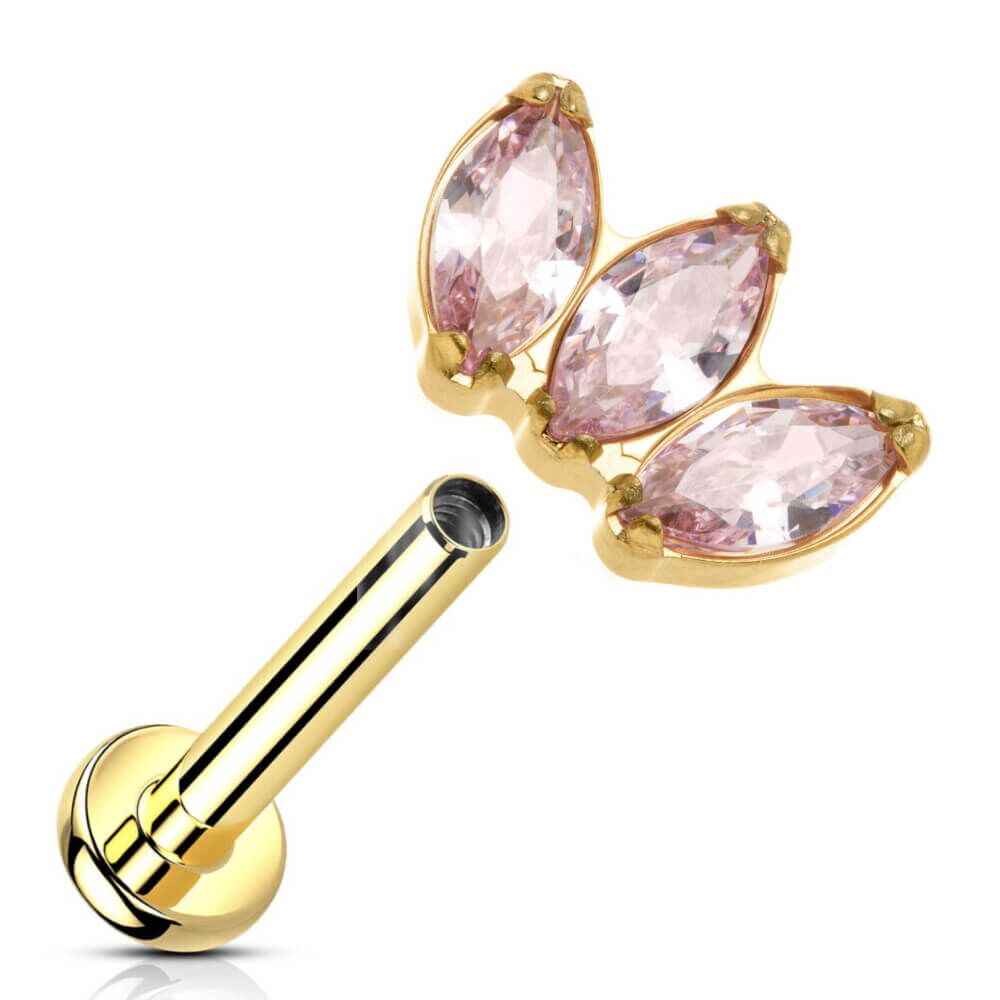 Gold Titanium and Clear Crystal Triple Marquise Fan On Internally Threaded Labret