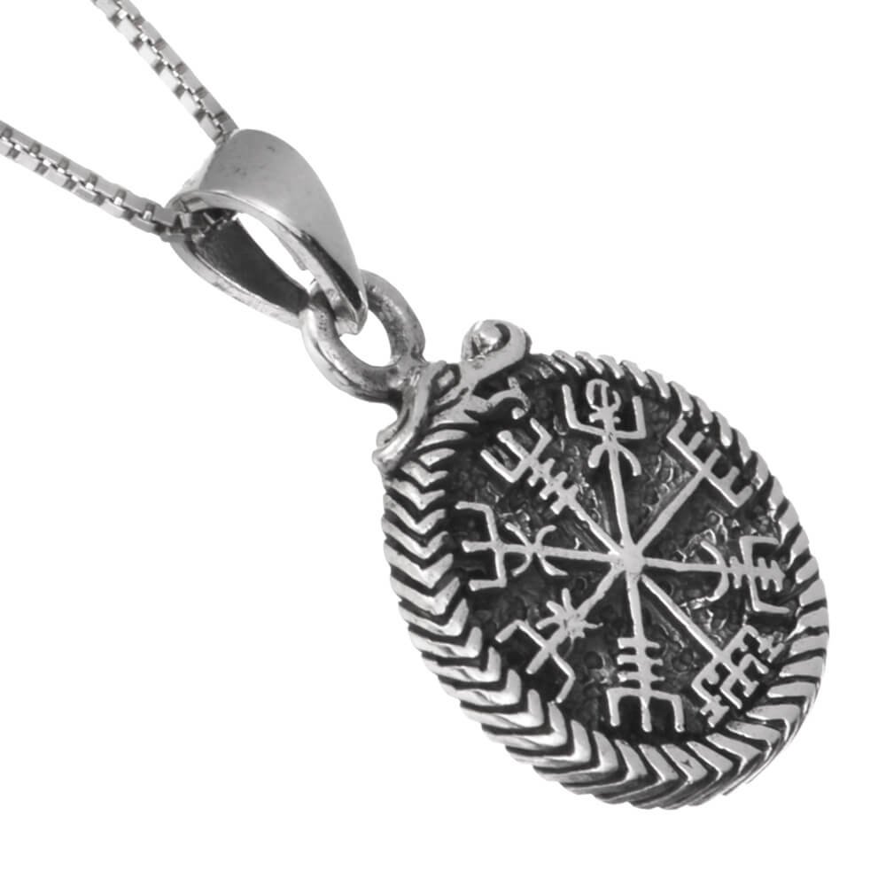 Viking Inspired Sterling Silver Vegvísir and Serpent Oxidised Amulet Pendant (14.5mm) (N91)