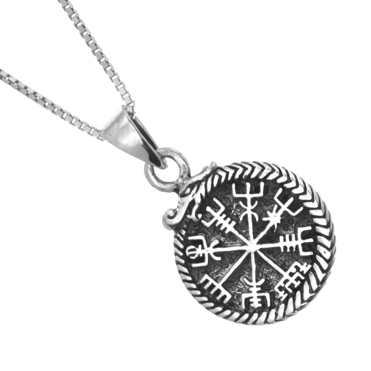 Viking Inspired Sterling Silver Vegvísir and Serpent Oxidised Amulet Pendant (14.5mm) (N91)