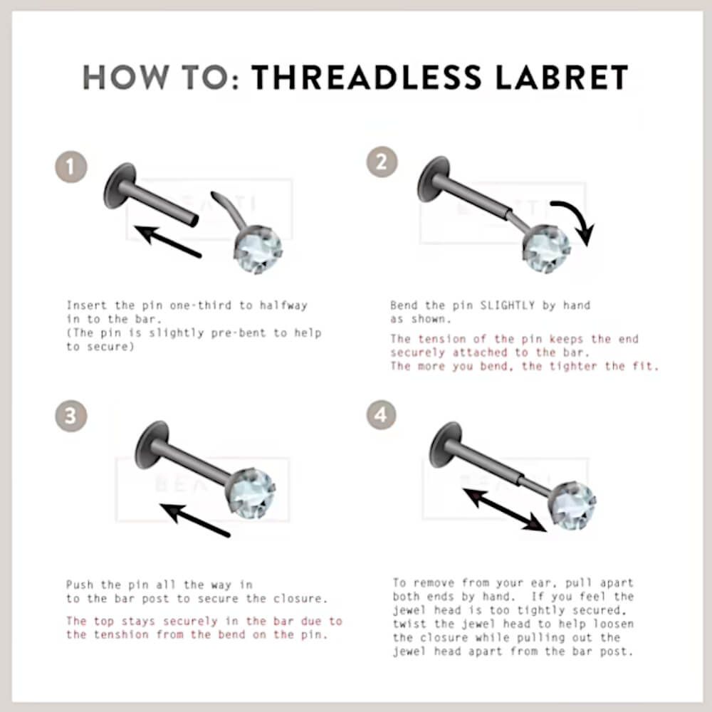 Gold Zircon Threadless Titanium Labret with 3mm Claw Set Gem (C224)