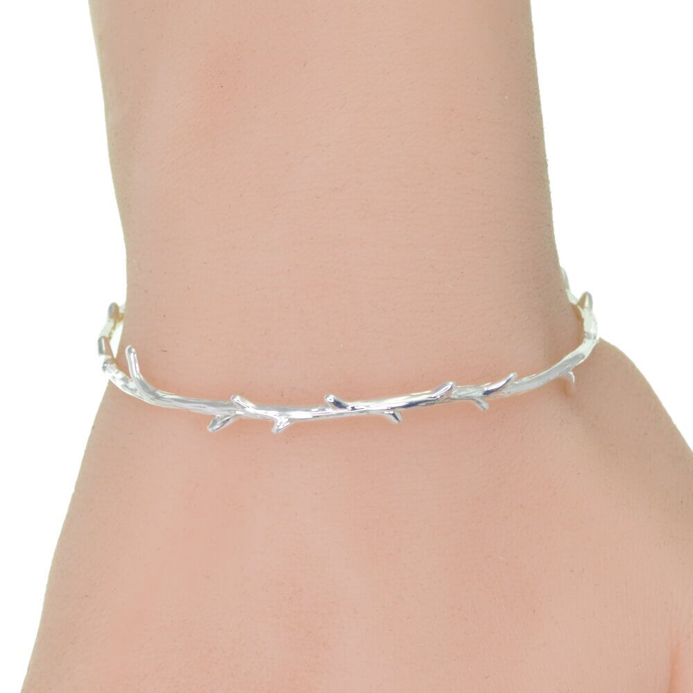 Contemporary Silver Tone Textured Twig Design Open Bangle (M111)S)