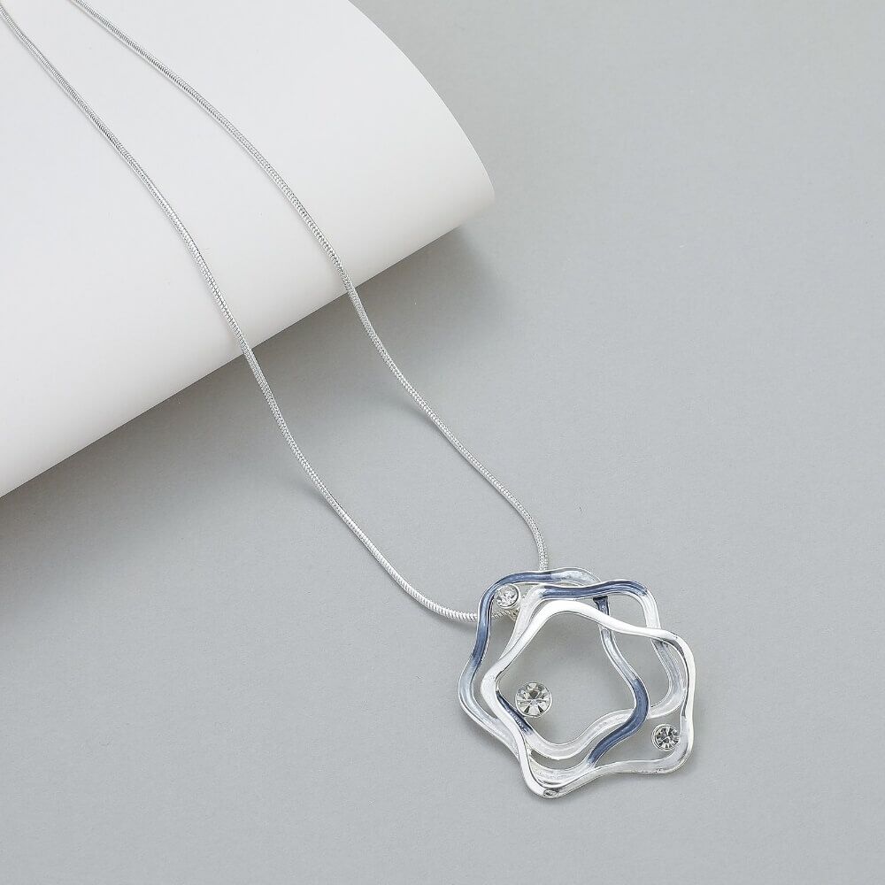 Contemporary Necklace with Abstract Pendant Shape and Matt Grey and Crystal Detailing (M277)