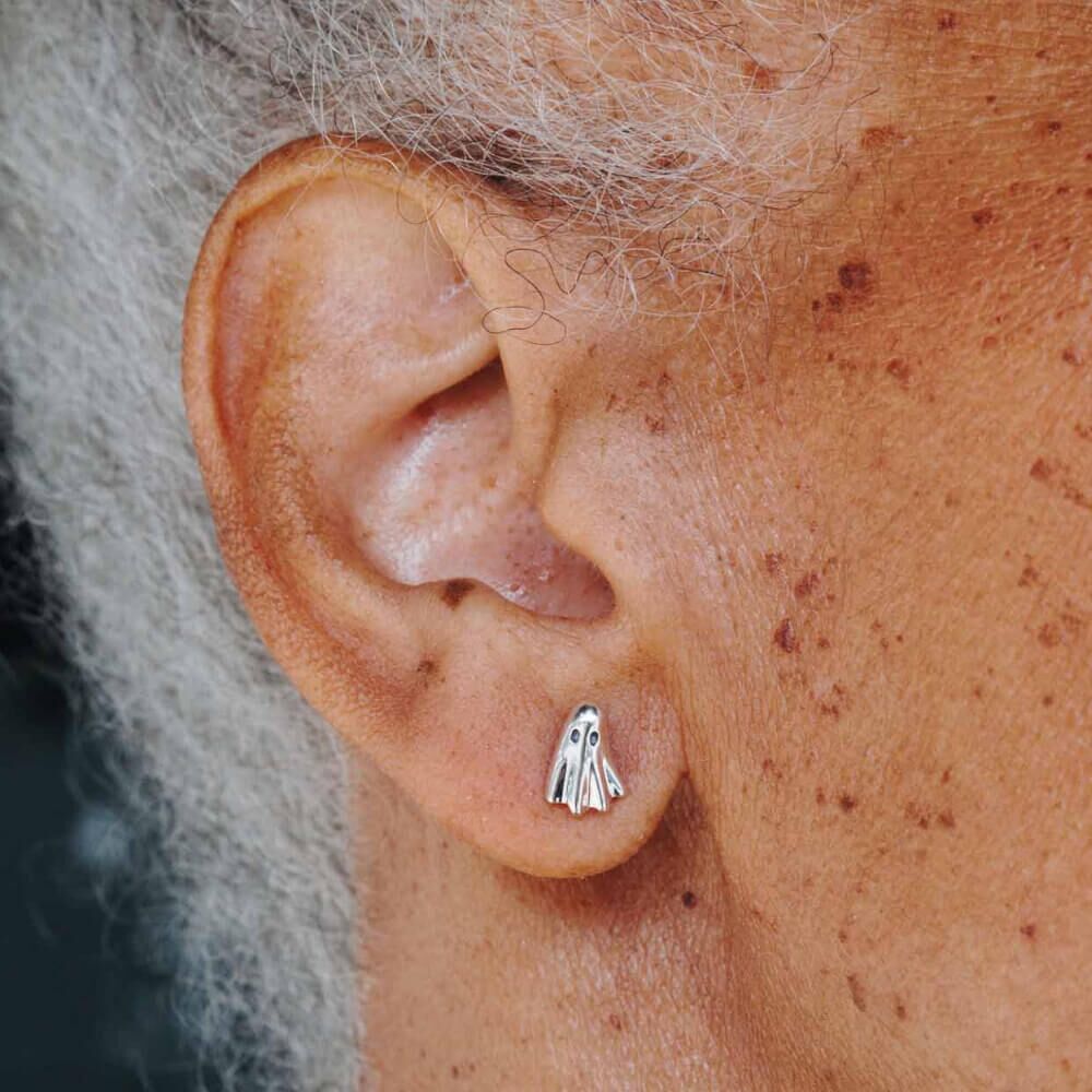 Adorable Detailed Sterling Silver Spooky Ghost Stud Earrings