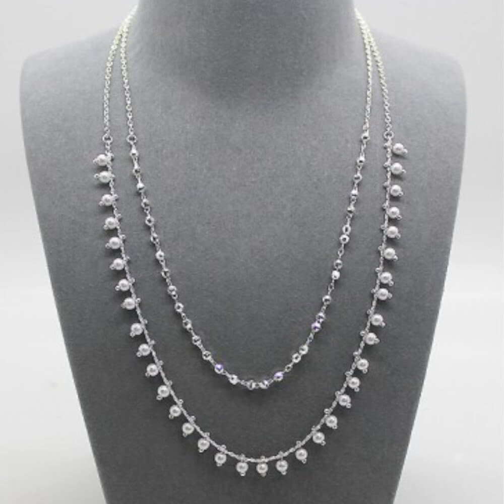 Delicate Double Layered Necklace with Tiny Hammered Beads and Freshwater Pearls (M481)A)