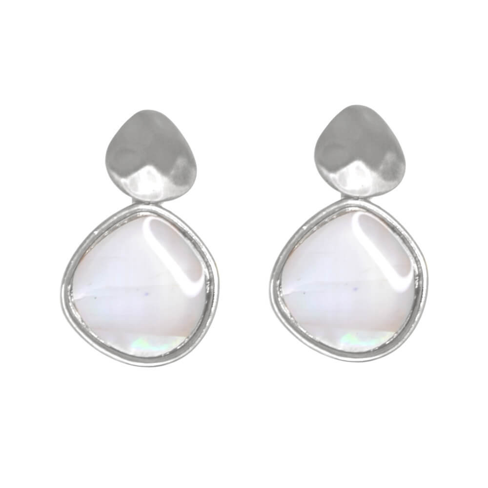 Pretty Stud Earrings with Hammered Silver Tone and Mother Of Pearl Shell Rounded Shapes (2.2cm x 1.4cm) (M192)D)