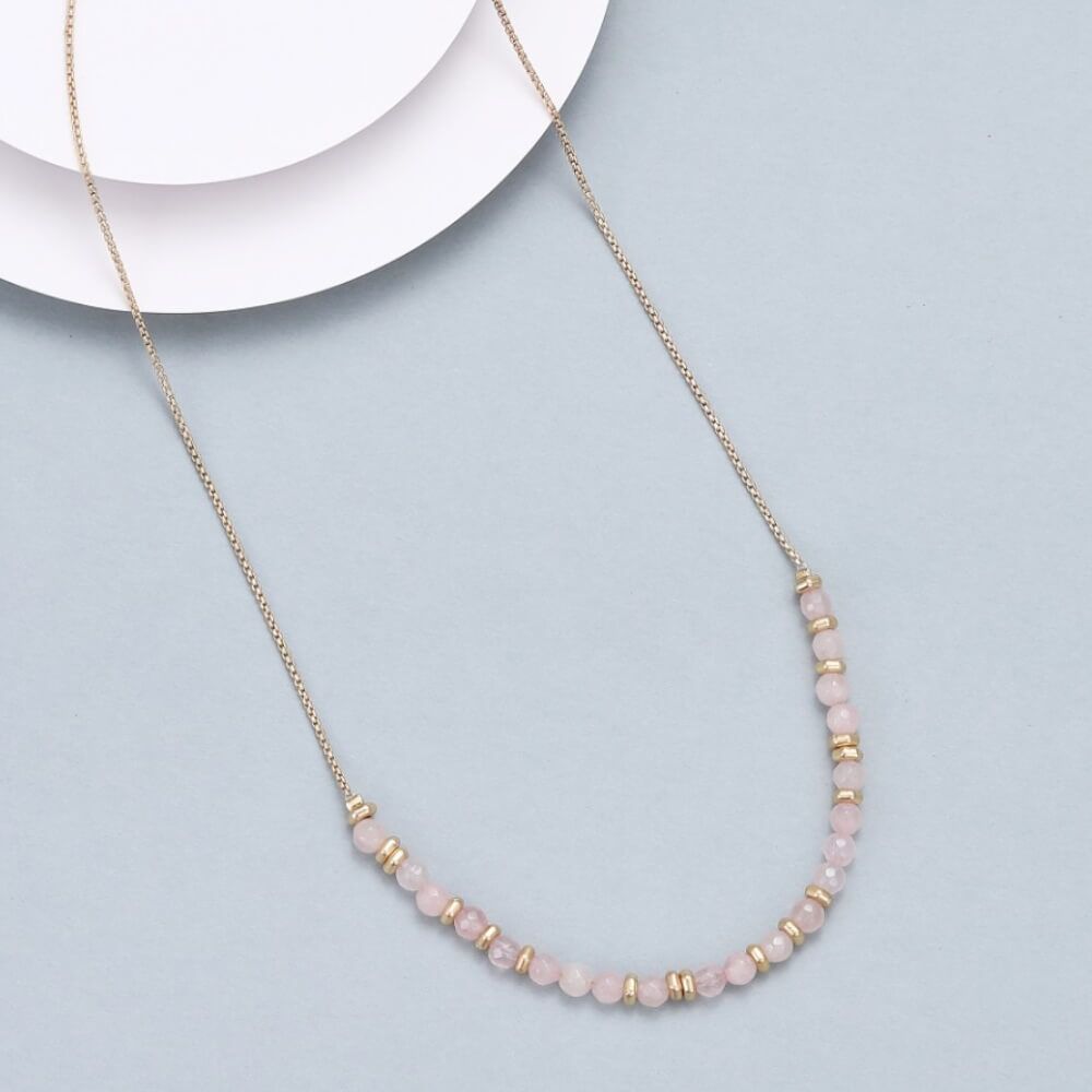 Pretty Gold Necklace with Tiny Rose Quartz Semi-Precious Beads (M694)
