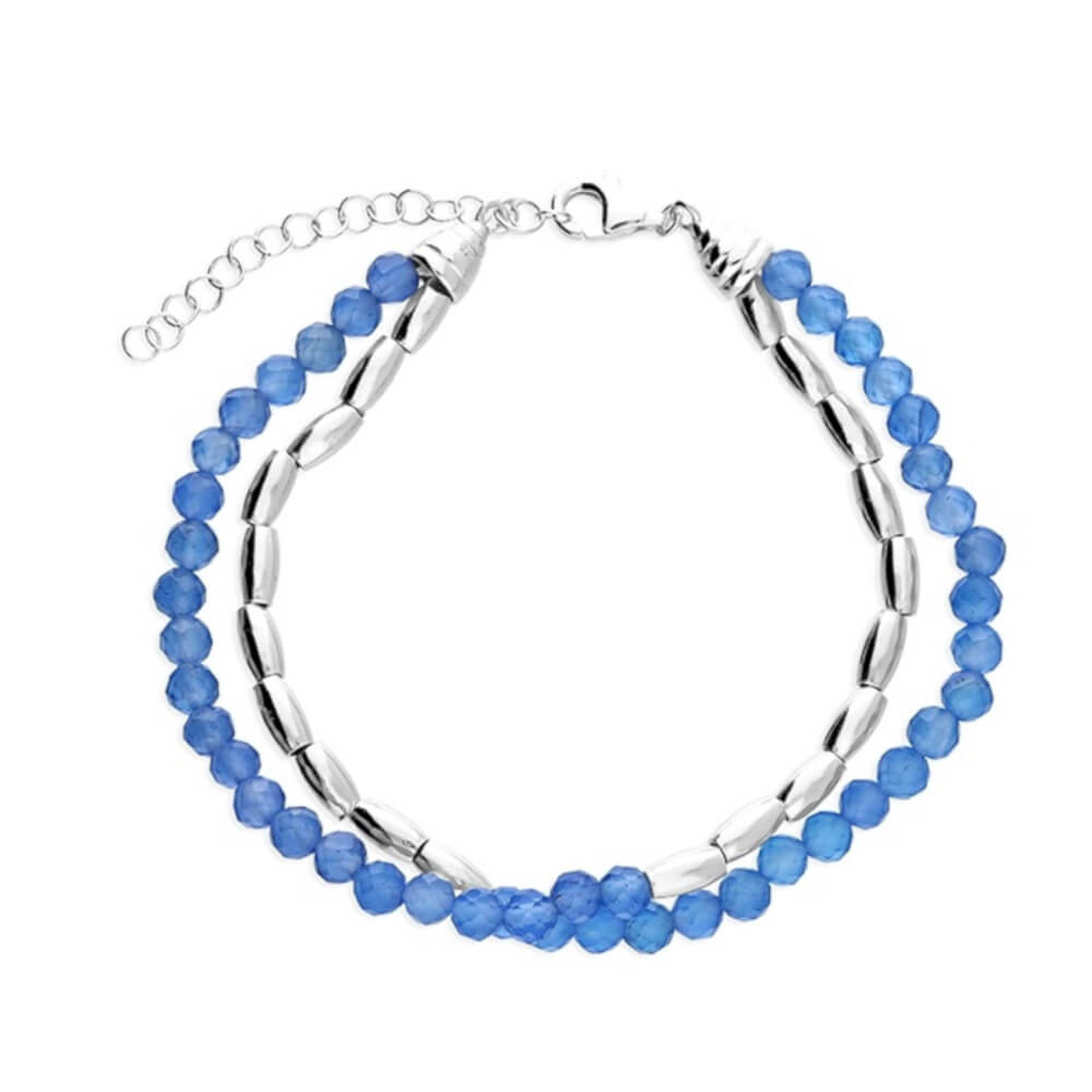 Blue Agate Double Layer Bracelet with Asymmetric Sterling Silver Beaded Design (B28)S)