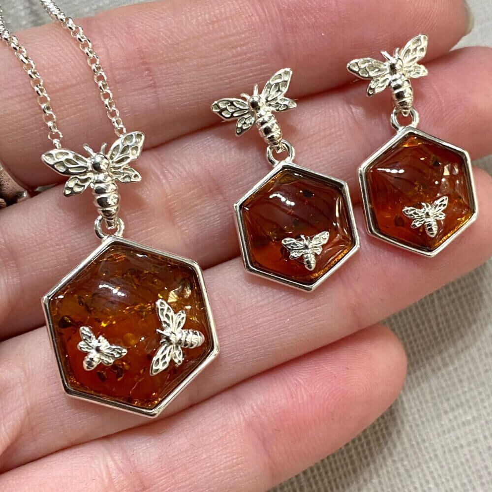 Gorgeous Sterling Silver and Cognac Amber Hexagon Pendant with Silver Bees (N107)