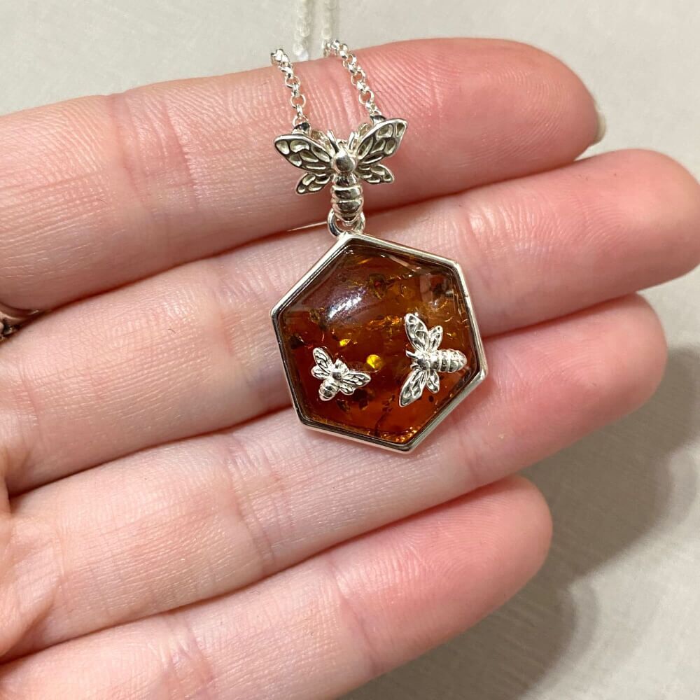 Gorgeous Sterling Silver and Cognac Amber Hexagon Pendant with Silver Bees (N107)