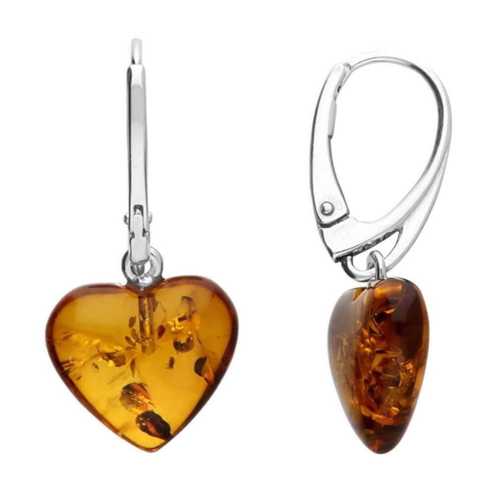 Gorgeous Sterling Silver and Cognac Amber Heart Lever-Back Earrings