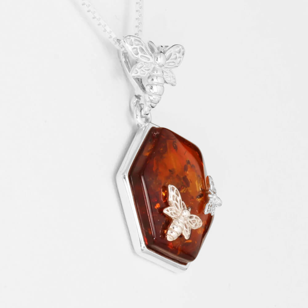 Gorgeous Sterling Silver and Cognac Amber Hexagon Pendant with Silver Bees (N107)