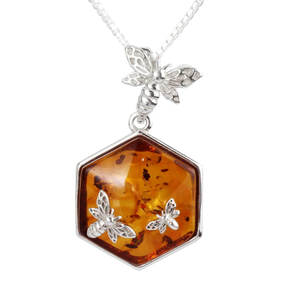 Gorgeous Sterling Silver and Cognac Amber Hexagon Pendant with Silver Bees (N107)