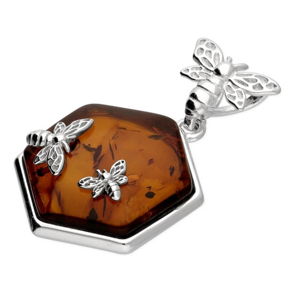 Gorgeous Sterling Silver and Cognac Amber Hexagon Pendant with Silver Bees (N107)