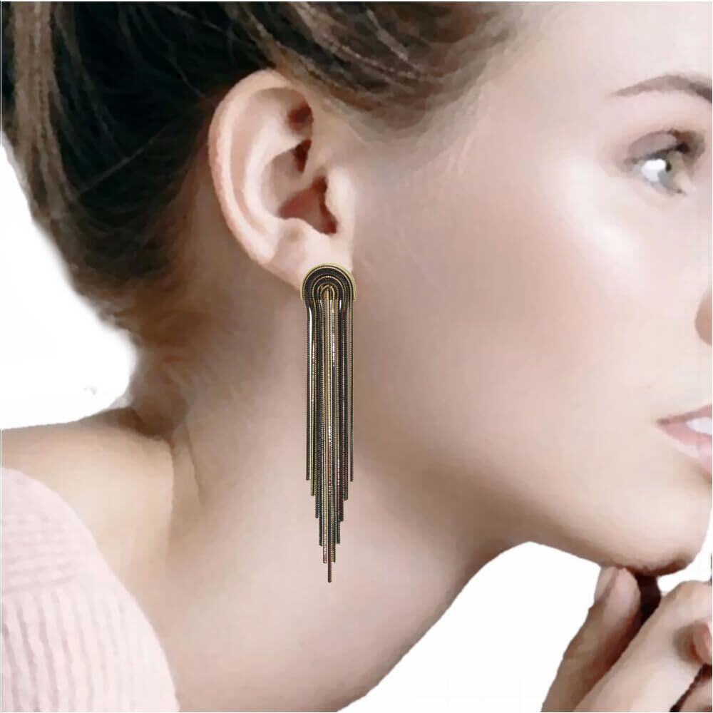 Dramatic Gold and Black Snake Chain Waterfall Design Earrings (8.9cm x 1.5cm) (M617)A)