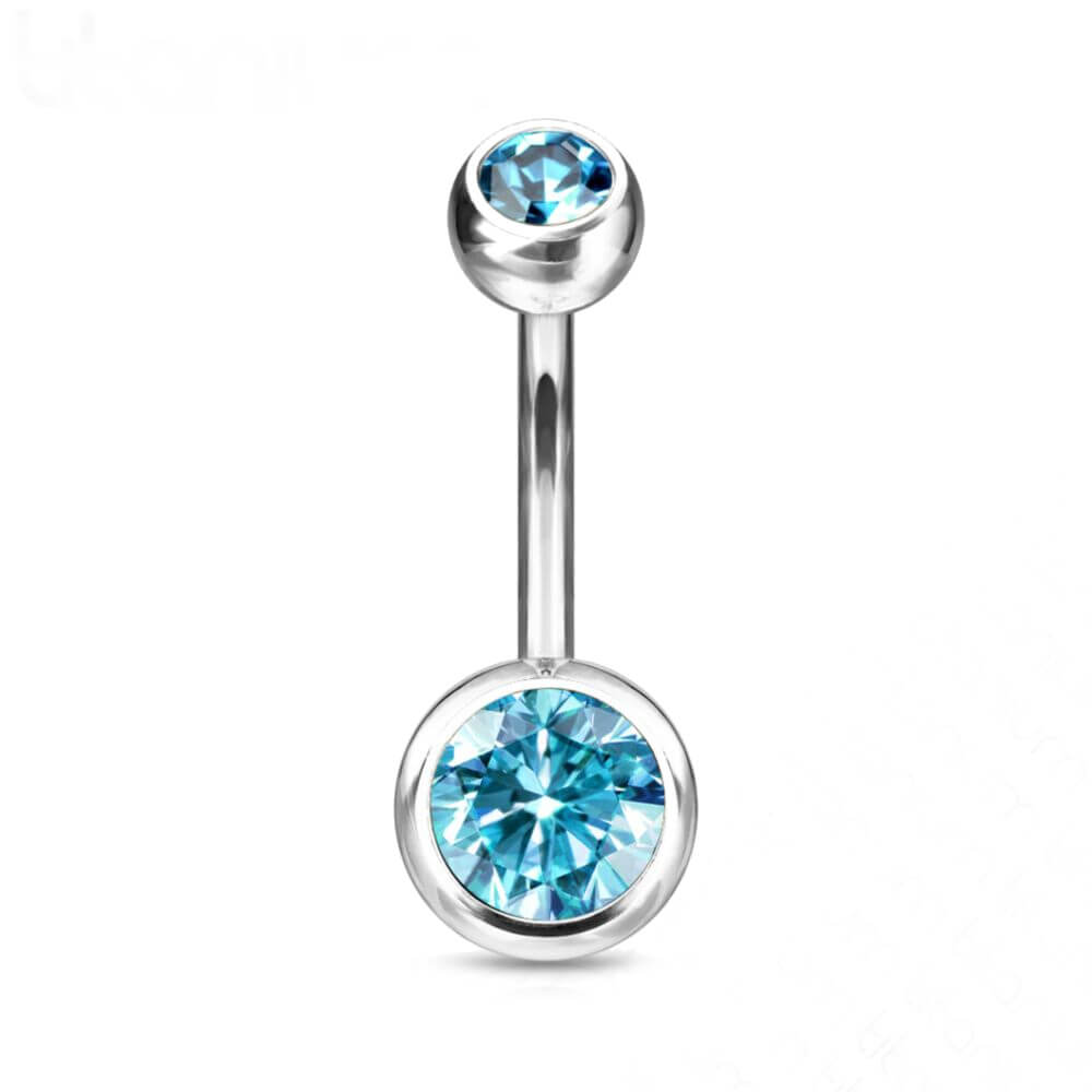 Titanium Double Jewelled Belly Bar with Light Blue Gems (1.6mm x 12/14mm) (C162)