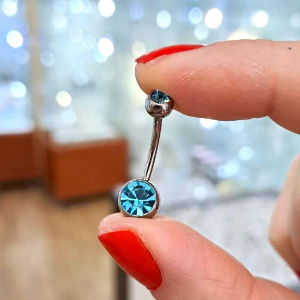 Titanium Double Jewelled Belly Bar with Light Blue Gems (1.6mm x 12/14mm) (C162)