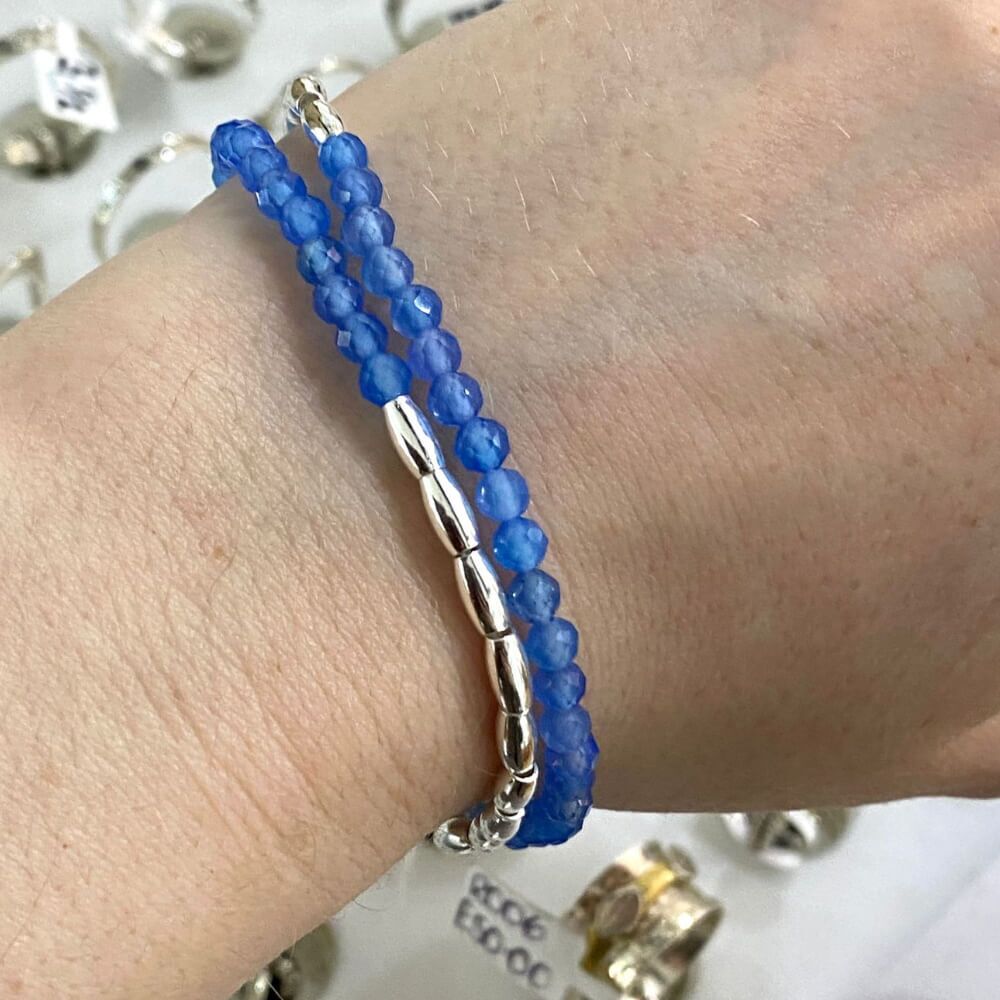 Blue Agate Double Layer Bracelet with Asymmetric Sterling Silver Beaded Design (B28)S)