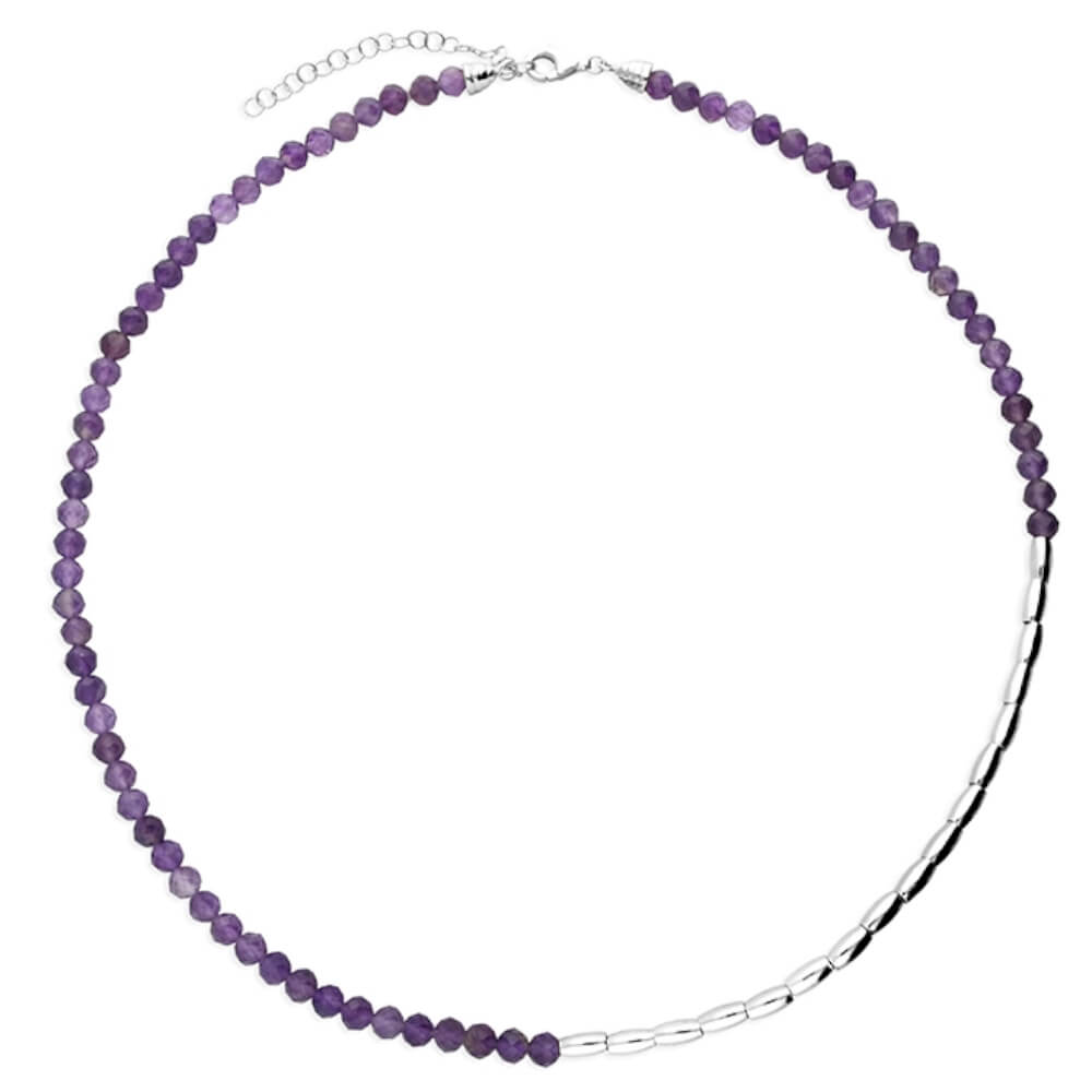 Amethyst Necklace with Asymmetric Sterling Silver Beaded Design (N41)S)